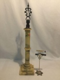 Vintage marble pedestal stand with copper top holder piece, approx 5x24 inches.