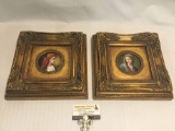 Lot of 2 vintage framed portraits signed by artist J. Russo, approx 10.5 x 10.5 x 2.5 inches