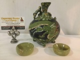 Vintage Asian bottle w/handle & dragon design, alongside two jade bowls. Approx. 5.5x5.5x7 inches