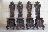 4 antique wood caved French high back dinning chairs, each showing some wear approx 22x12x47 inches.