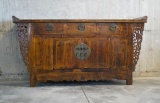 Antique wood Chinese buffet 3 drawers and cabinet w/ floral carved design on edges