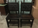 Pair of antique English mahogany wood caved chairs with floral design, approx 21x42x17 inches.