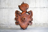 Large carved wood English coat of arms wall art piece. Measures approx 33x21 inches.