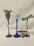 Three hand blown art glass sculptures, two signed by artist. Largest measures approx 11x4x4 inches.