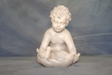 Early 1900s French marble bird bath statue titled Boy with Leaf. approx 15x12x11 inches