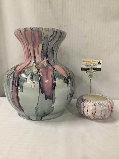 Hand glazed ceramic vase and bowl. Vase measures 13x11x11 inches....