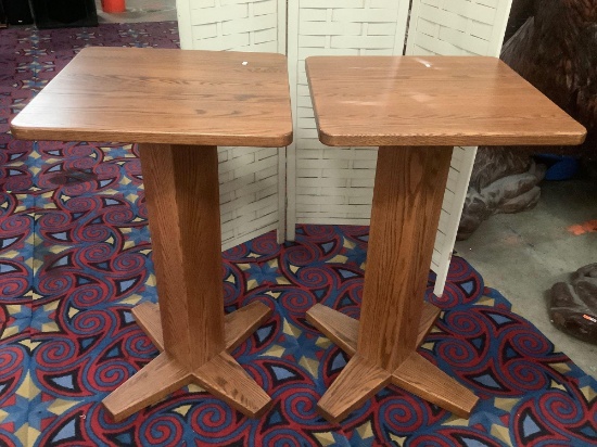 Pair of modern wooden tall bar tables, approx 23.5 x 23.5 x 40 inches.