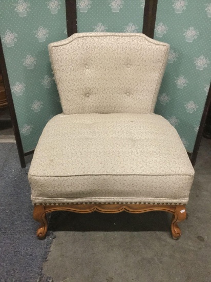 Vintage upholstered chair with cabriole legs. approx 31x28x28 inches.