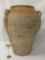 Large vintage three-handled ceramic olive oil vessel / urn, some mild wear. Approx. 23x23x29 inches