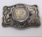 Vintage Belt buckle featuring 1921 silver Morgan dollar. Approx 3.5x2.5 inches.