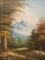 Vintage framed original canvas oil painting of mountain scene, signed by artist Tayton