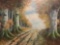 Vintage original framed painting of road through the trees by unidentified artist, approx 17 x 12 in