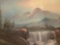 Antique nature scene painting of a waterfall with mountains in background, signed by unknown artist