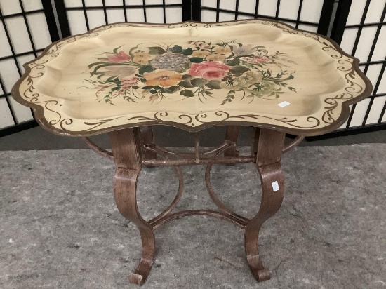 Vintage floral design hand painted metal tray stand small table, approx 27 x 20 x 17 inches