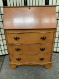 Vintage wood serpentine front secretary with 3 drawers and top cabinet , approx 15 x 28 x 40 inches.