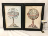 Pair of vintage framed etchings - Globe Celeste & Sphere De Copernic Approx 20x14 inches.