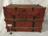 Vintage red wooden luggage trunk, missing lock mechanism, top straps, & key. approx. 31x19x22 inches