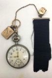 Vintage Elgin pocket watch w/ locket &14k gold filled clasp, ring attached. Approx 2.5x2x0.5 inches.