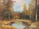 Vintage original canvas oil painting of a nature scene/trees by water by unknown artist