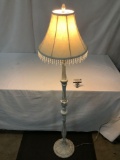 Standing parlor lamp with dangling crystal shade, tested and working, approx 60 x 15 inches