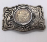 Vintage Belt buckle featuring 1921 silver Morgan dollar. Approx 3.5x2.5 inches.