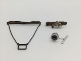 Lot of 3 sterling silver pieces: 2 tie bars and a pin. The fish pin approx 39x13x12mm. Ttw 16.5 g