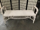 White wicker bench seat, approx 18 x 51 x 27 inches.