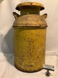 Vintage metal yellow painted canister with lid, approx 13 x 24 inches.