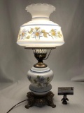 Vintage hurricane style lamp with hand painted glass shade, tested and working, approx 21 x 10 in.