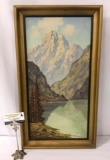 Original framed oil painting of an alpine lake, signed by artist P. Hallar, approx. 15.5x27.5x2.5 in