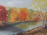 Vintage framed original oil painting- October in Indiana - signed by artist May Mingle 24x19.5x2 in.