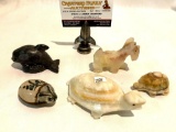 5 animal carvings; 2x polished agate carved turtles & Scotty dog, ceramic lady bug, resin orca