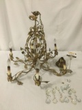 hanging chandelier light fixture with floral design and hanging crystals, cord is cut, sold as is