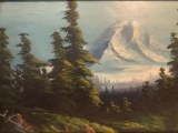 Vintage mountain scene nature painting signed by unidentified artist, approx 25 x 15 inches