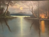 Antique original campsite nature scene painting by unidentified artist, approx 28 x 16 inches.