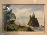 Small framed original ocean scene watercolor painting signed by artist Edith Marshall, approx 9x7