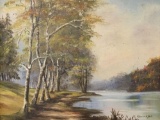 Framed vintage original canvas painting of trees by water signed by artist G. Kammeyer