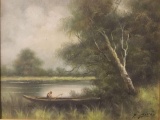 Man fishing in boat, ornately framed original nature scene painting signed by artist F. Giron