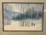 Framed original painting of cross country skiers in Vail, Colorado signed by artist Bill Alexander
