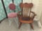 Pair of vintage chairs. Leather seat rocker and upholstered metal chair.