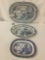 3 blue flow platters w/Asian scenes from makers Staffordshire, Semi-Vitreous, & Heritage Mint