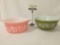 Pink & green Pyrex bowls w/floral designs, largest approx. 11x9x4 inches.