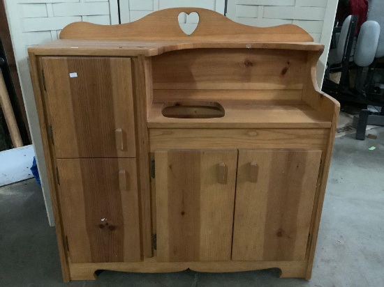 Wooden child size cabinet with carved heart design, Approx 36 x 13 x 37 inches