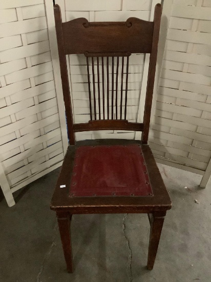Vintage wood carved chair with red leather seat, approx 17 x 40 x 17 inches
