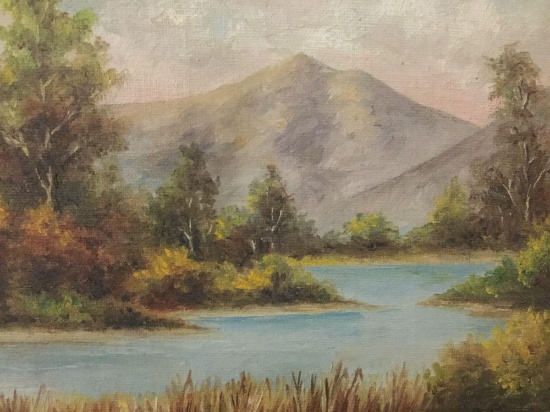 Small original framed oil painting of mountain landscape, unsigned, approx. 13x11x2 inches.