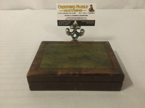 Small wooden box w/engraved bird & tree designs, approx. 6x4.5x1.5 inches.