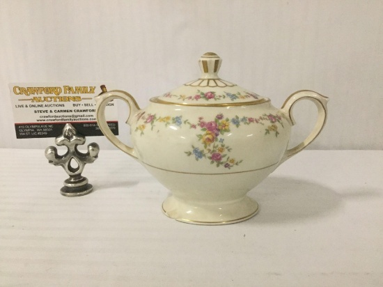 Lamberton China two-handled sugar bowl w/floral designs, approx. 8x5x5 inches.