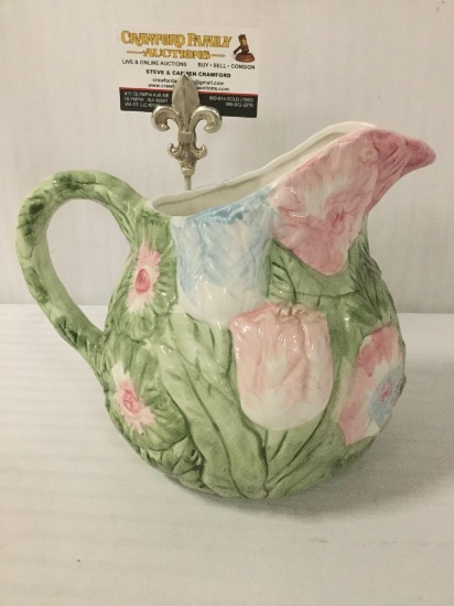 Kaiton ceramic pitcher w/floral designs, approx. 9x7x7 inches.
