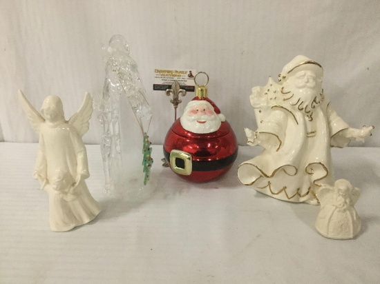 Five Santa & angel Christmas decorations/ornaments, largest approx 9x6x11.5 inches.