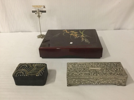 Three fancy containers, incl. a Japanese box, a Godinger jewelry box, & a black jewelry box.